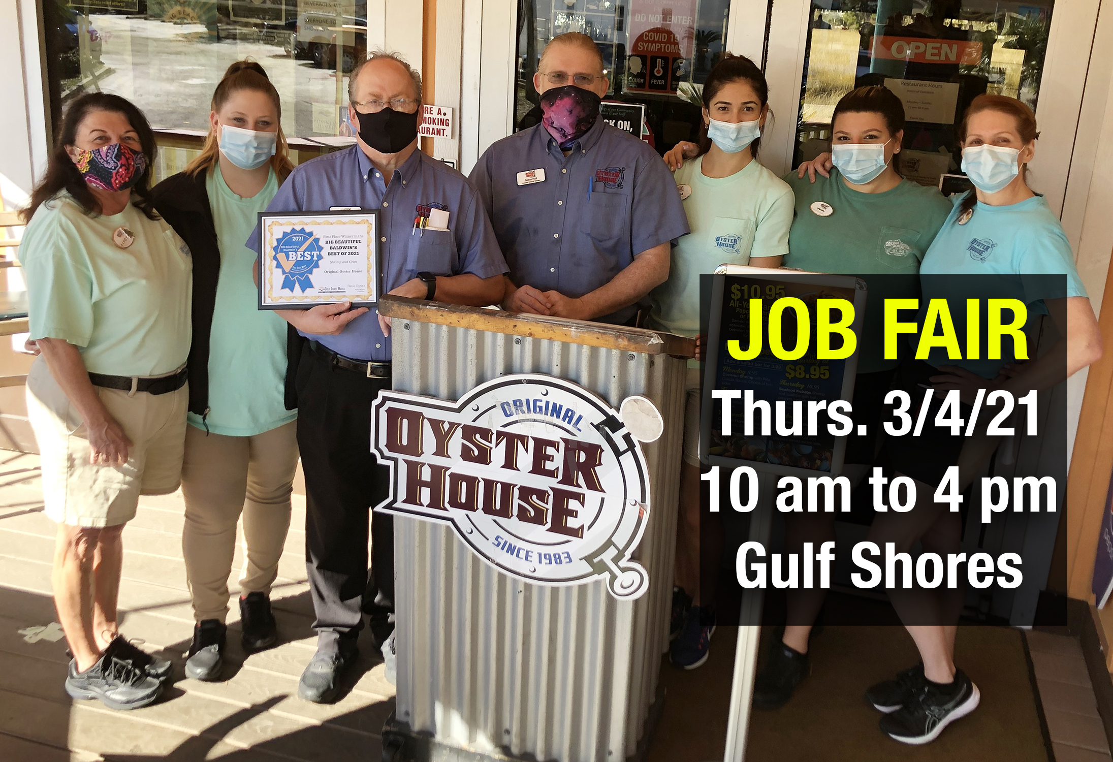 Gulf Shores Original Oyster House is hosting a Job Fair on Thurs. March 2, 2021 from 10 am to 4 pm.