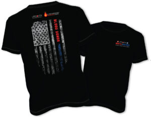 A specially designed t-shirt supporting first responders will commend all donors. Blood donations collected at the Never Forget Lunch are distributed to local hospitals.
