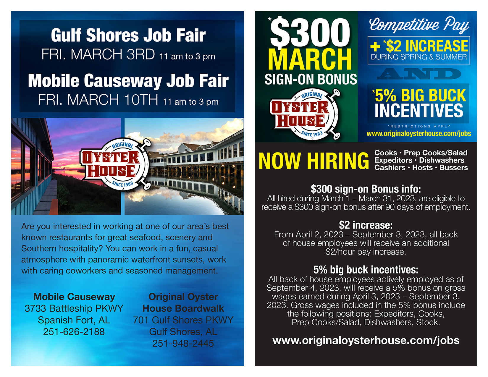 Job Fair planned for March 3rd in Gulf Shores and March 10th at the Mobile Causeway Location from 11 am to 3 pm.