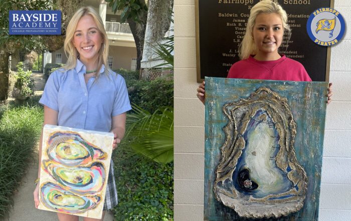Pictured from left are the 2023 Chelsea Garvin Spirit Scholarship Awardees Maggie Britt, Bayside Academy senior and Alice Raybosh, Fairhope High School senior. Both women reflect the spirit of Chelsea Garvin, who was a talented artist, an exceptional employee and a Fish River Fire Dept. volunteer. In 2005, Garvin died while volunteering in a boating accident. The scholarship was founded in her honor in 2006.